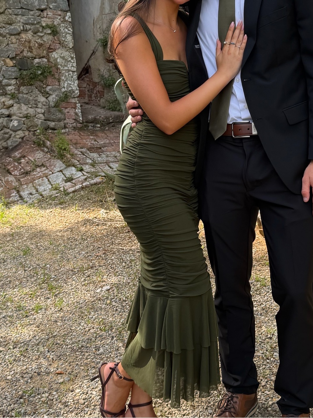 Lulu's Olive Green Ruched Mermaid Midi Dress